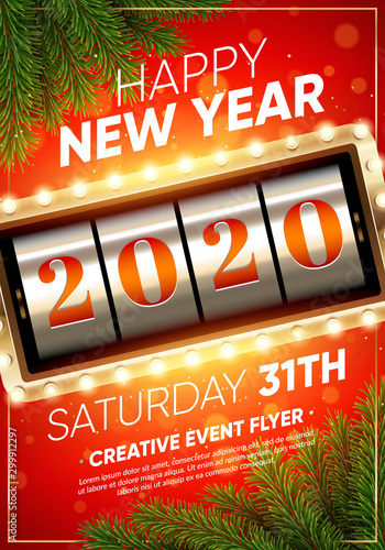 Xmas and New 2020 Year party club flyer. Slot machine with 2020 numbers. Eps10 vector template.