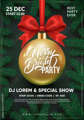 Christmas party flyer design. 3d christmas ball with red bow. Creative winter holidays background. Eps10 vector.