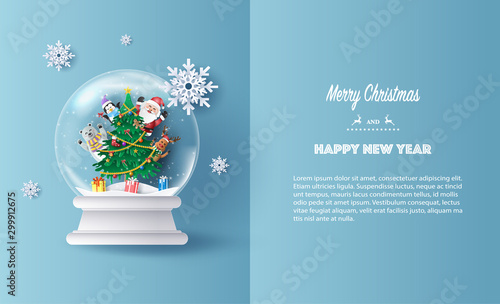 Paper art style of Santa Claus and friends, reindeer, bear and penguin in Christmas globe, Merry Christmas and Happy New Year concept.
