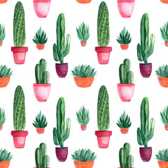 Keuken achterwand Planten in pot patronen Aquarel cactussen en haworthia patroon  © Hanna