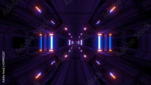 dark clean futuristic scifi space hangar tunnel corridor with cool reflecting lights 3d illustration background wallpaper design