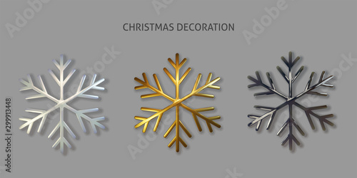 Set Shimmering colorful snowflake. Vector 3d illustration of glowing metallic snowflake shape isolated on gray. New Year or Christmas decoration element. Realistic holiday ornament.