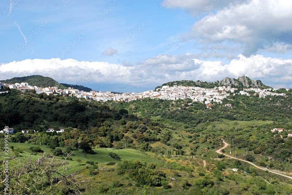 View of the white town with the castle and mountains to the rear, Gaucin, Spain.