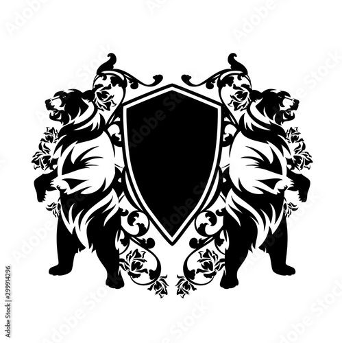 two bears standing up with heraldic shield and rose flowers decor - medieval style black nad white vector coat of arms design