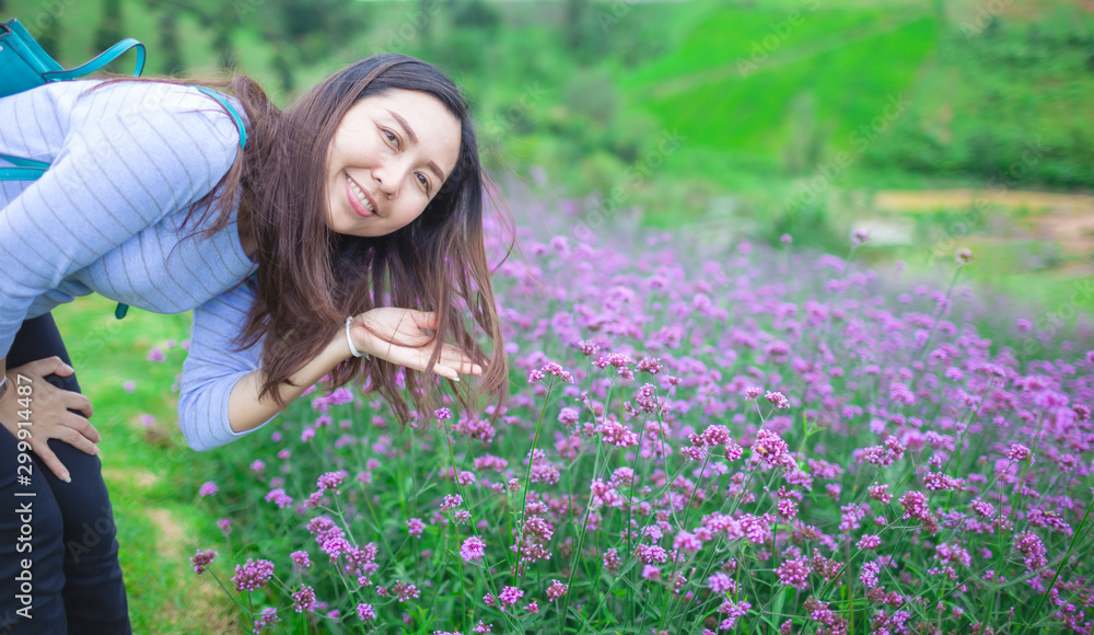Asian women admire the beautiful lavender fields Asian women admire the beautiful lavender fields