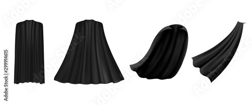 Superhero black cape in different positions, front, side and back view on white background. Costume party clothing, masquerade. photo