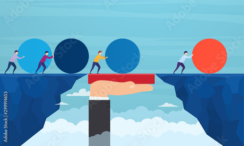 Businessman pushes red sphere, overtaking competitors, overcoming difficulties. Concept of winning strategy, business efficiency, leadership.