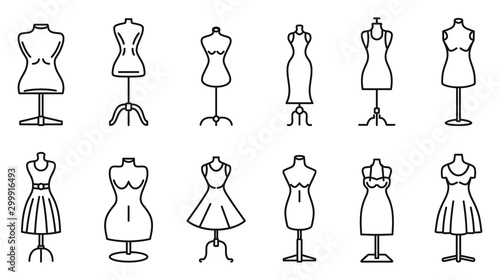 Mannequin atelier icons set. Outline set of mannequin atelier vector icons for web design isolated on white background