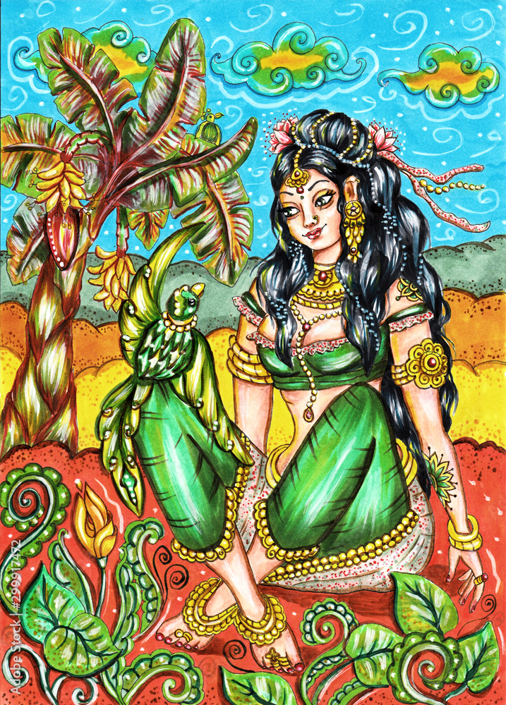 Indian traditional painting of woman in nature, Kerala mural style with beautiful ornamental background