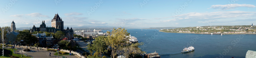 Quebec City panorama over river with blue sky. Canada