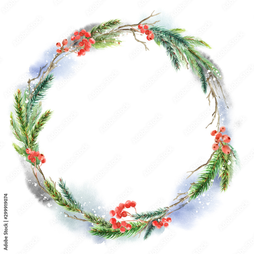 Watercolor winter floral wreath. Christmas illustration. Hand painted tree branches composition with berries, fir branches