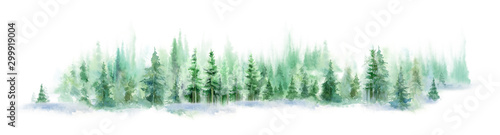 Landscape of foggy forest, winter hill. Wild nature, frozen, misty, taiga. watercolor background