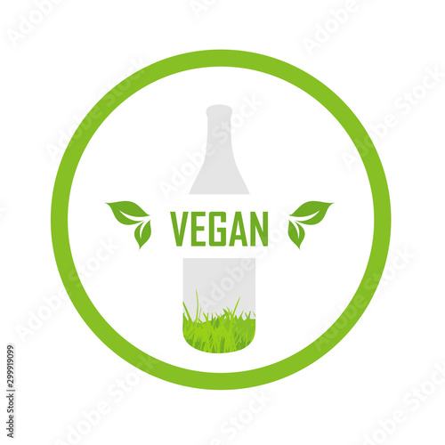 Glass bottle with organic goods- Vegan food logo indicating healthy condiment photo