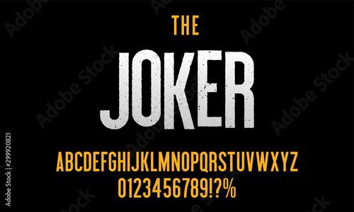 Modern condensed font with grunge effect for poster design. Vector alphabet and numbers