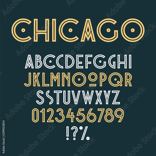 Vintage art deco retro font. Set of letters, numbers and symbols. Vector photo