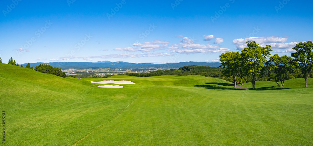 Fototapeta premium Golf Course with beautiful green field. Golf course with a rich green turf beautiful scenery.