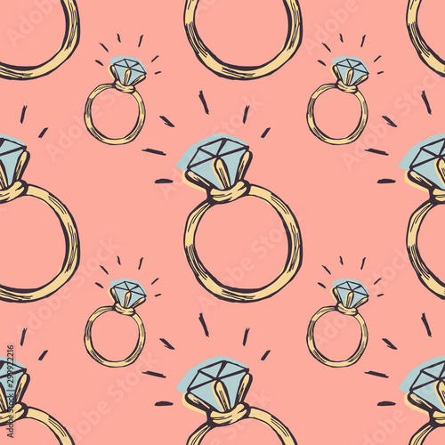 Diamond ring seamless pattern on a pink background. Colored hand drawn vector doodle illustration.