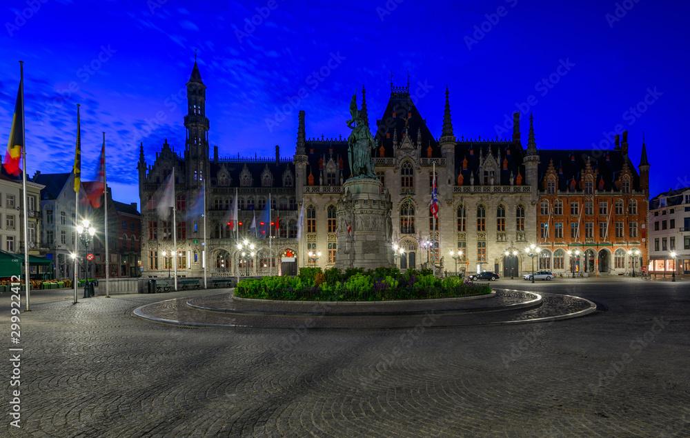 Markt (Market Square) and Provinciaal Hof (Province Court) in Bruges (Brugge), West Flanders province, Belgium. Night cityscape of Bruges.