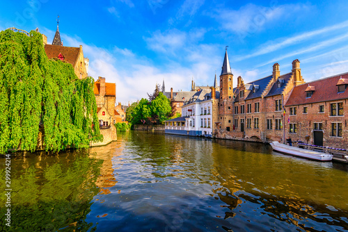 Classic view of the historic city center of Bruges (Brugge), West Flanders province, Belgium. Cityscape of Bruges.