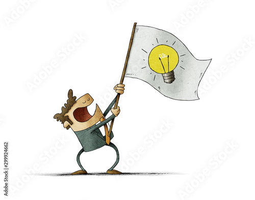 Man waves a flag with the symbol of a light bulb. Idea concept. isolated