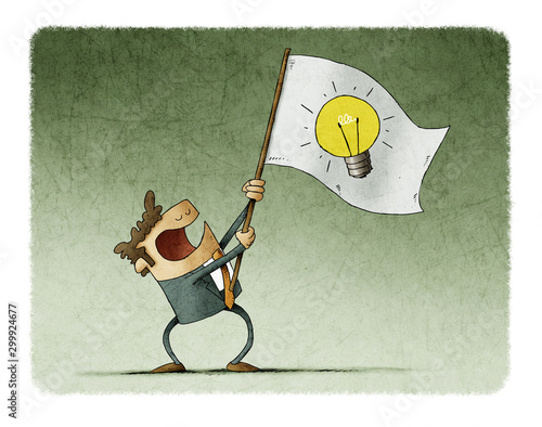 Man waves a flag with the symbol of a light bulb. Idea concept