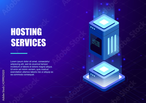 Hosting services, data center, server server room, web hosting big data processing, isometric vector illustration.