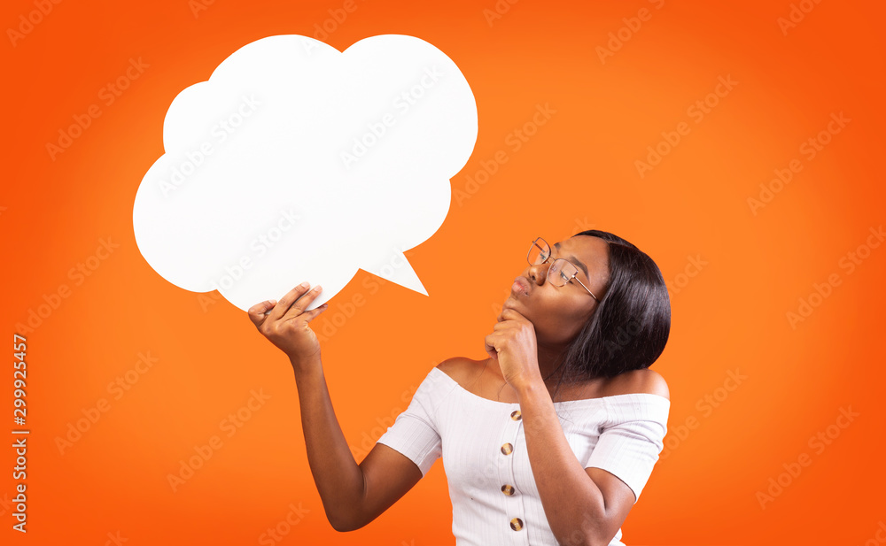 Young Black Woman Holding Speech Bubble Standing, Orange Background, Mockup - obrazy, fototapety, plakaty 