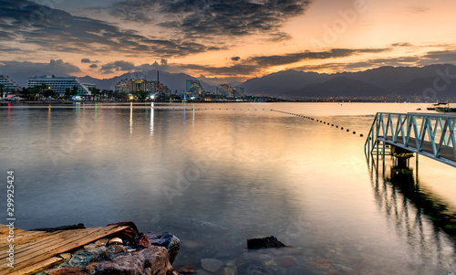 Morning scene at the Red Sea seen from central beach of Eilat - famous touris...