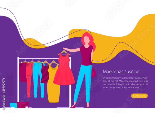 Flat vector racks with clothes on hangers. Girl Shopping.