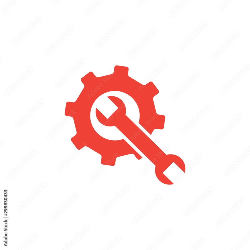 Service Tools Red Icon On White Background. Red Gear Wheel & Hammer Flat Style Vector Illustration Service Tools Red Icon On White Background. Red Gear Wheel & Hammer Flat Style Vector Illustration