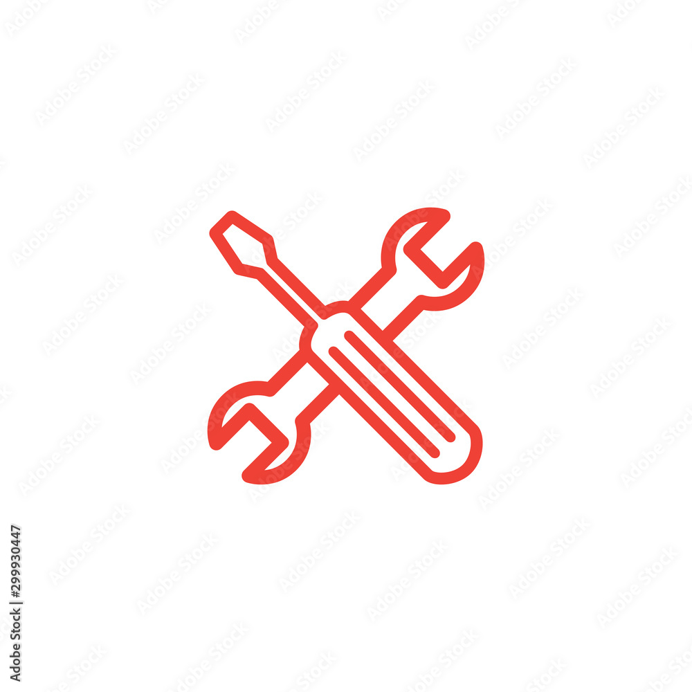 Screwdriver And Wrench Line Red Icon On White Background. Red Flat Style Vector Illustration Screwdriver And Wrench Line Red Icon On White Background. Red Flat Style Vector Illustration