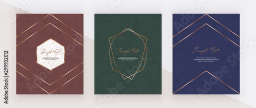 Luxury geometric red, green and blue design cards with golden polygonal lines frames. Trendy templates for banner, flyer, poster, greeting.