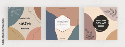 Social media banners with abstract geometric design with pink, brown and blue colors hand painted shapes, leafs and lines. Modern neutral template for flyer, poster, card