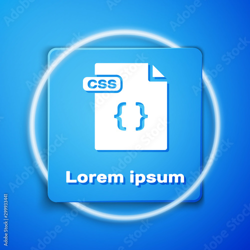 White CSS file document. Download css button icon isolated on blue background. CSS file symbol. Blue square button. Vector Illustration