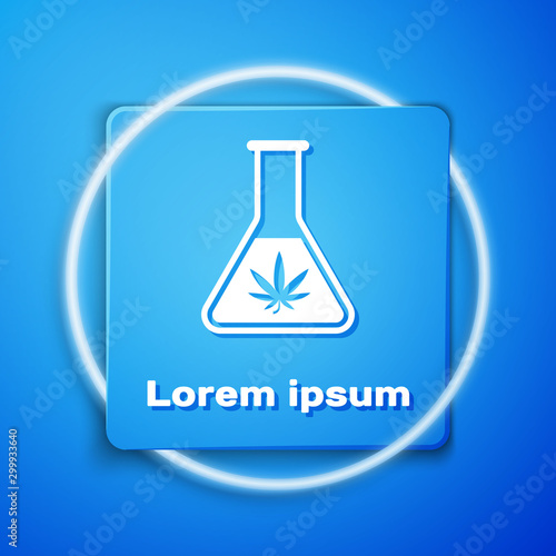 White Chemical test tube with marijuana or cannabis leaf icon isolated on blue background. Research concept. Laboratory CBD oil concept. Blue square button. Vector Illustration
