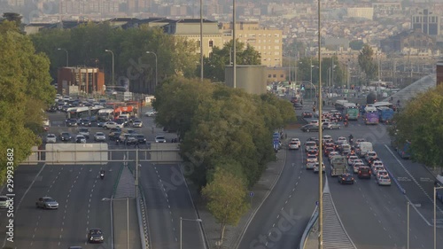 Aerial view of traffic jam and pollution during rush hour near Atocha railway station. Spain has offered to host COP25 or United Nations Climate Change Conference in Madrid.
