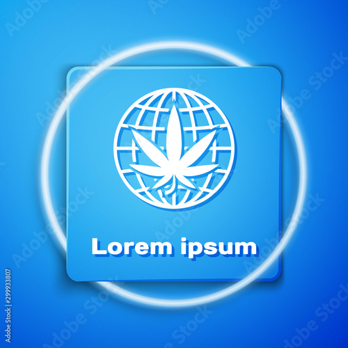 White Legalize marijuana or cannabis globe symbol icon isolated on blue background. Hemp symbol. Blue square button. Vector Illustration