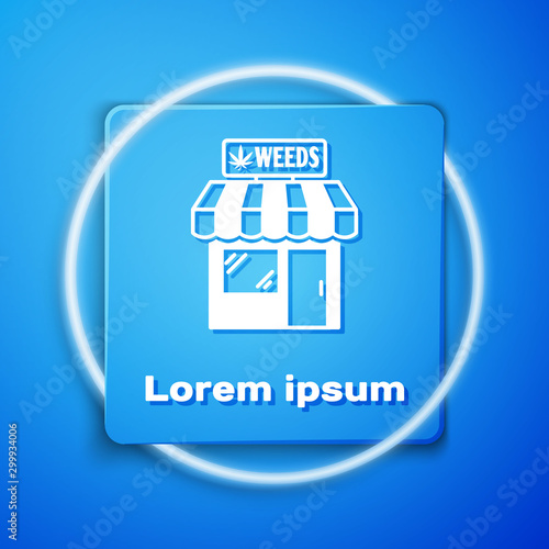 White Marijuana and cannabis store icon isolated on blue background. Equipment and accessories for smoking, storing medical cannabis. Blue square button. Vector Illustration