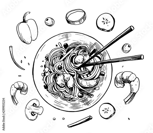 Asian fast food. Wok. Chiness noodless. Hand drawn illustration converted to vector. Isolated on white background