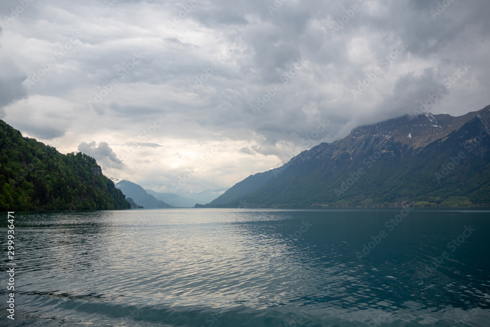 Beautiful panorama view of lake Brienz with cloudy sky and mountain for background with copy space, Switzerland