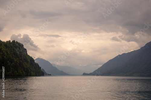Beautiful panorama view of lake Brienz with cloudy sky and mountain at evening for background, Switzerland