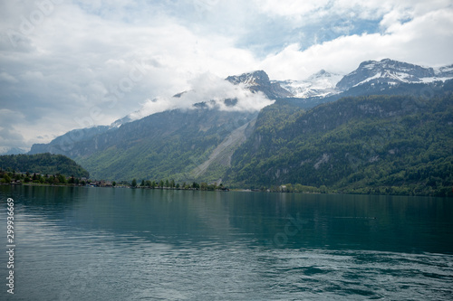 Beautiful scene of lake Brienz on cloudy sky and mountain background with copy space, Switzerland