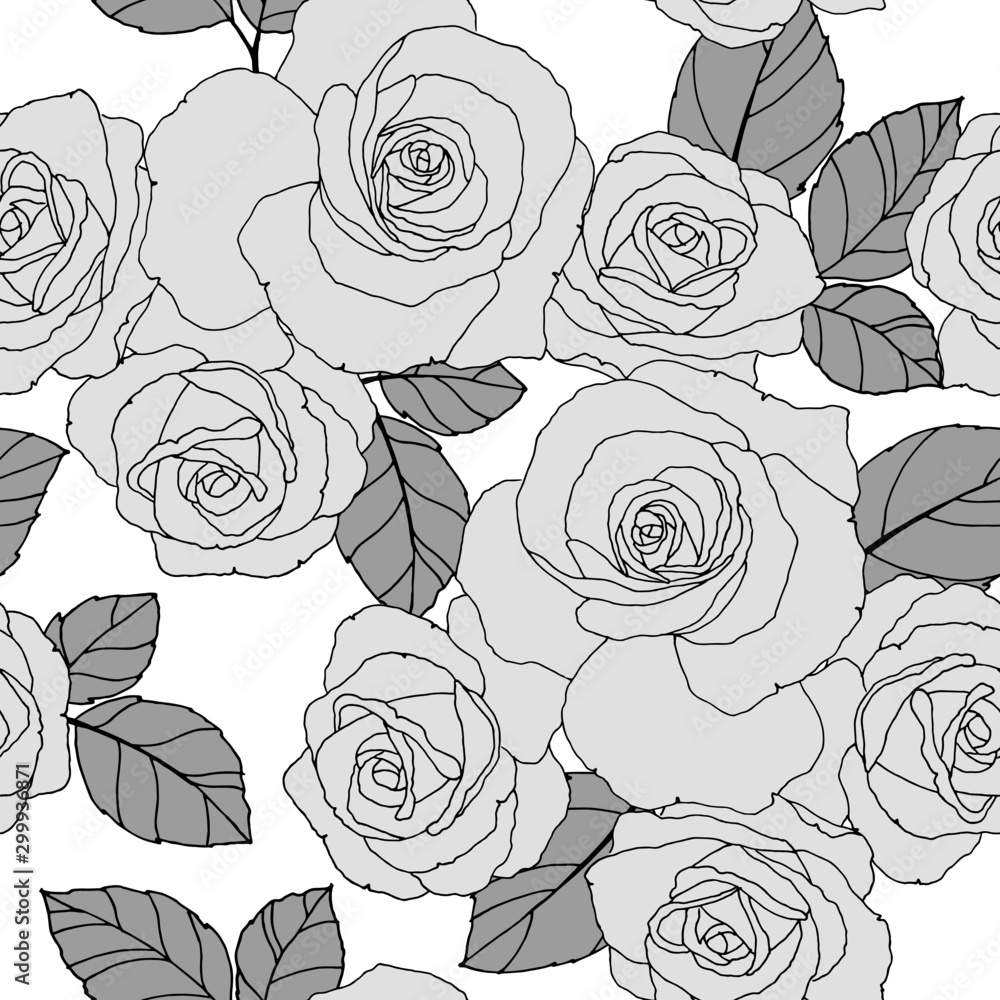 seamless pattern, rose and leaves in monochrome colors, wedding background, linear pattern