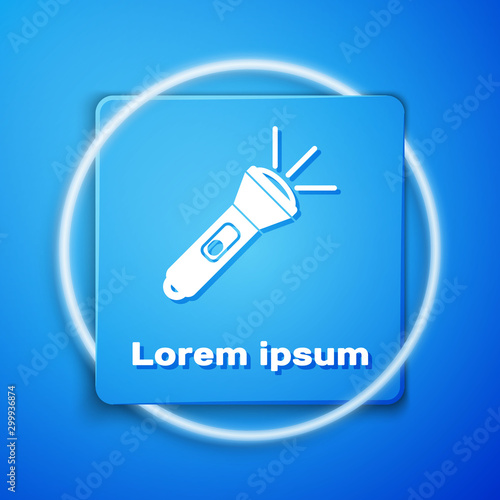 White Flashlight icon isolated on blue background. Blue square button. Vector Illustration