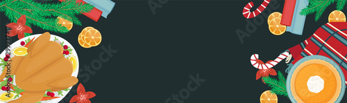 Christmas holiday dinner. Flat lay with turkey with cranberries, pumpkin pie, oranges, fir branches and gifts. Place for text