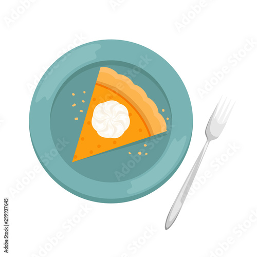 A piece of Christmas pumpkin pie with whipped cream. Flat lay.