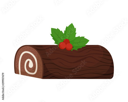 Christmas roll with cream in the form of a log. Isolated vector illustration.