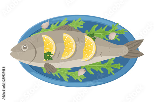 Christmas fried carp with lemon. Isolated vector illustration.