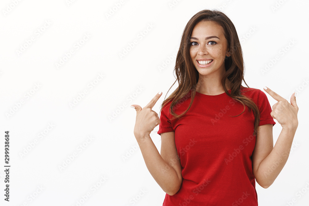 Proud and satisfied good-looking woman showing her toothy polished white smile, pointing herself and grinning delighted, enthusiastic participate in event, volunteer, suggesst own candidature Proud and satisfied good-looking woman showing her toothy polished white smile, pointing herself and grinning delighted, enthusiastic participate in event, volunteer, suggesst own candidature