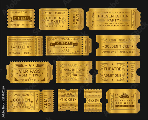 Gold vintage tickets realistic vector illustrations set
